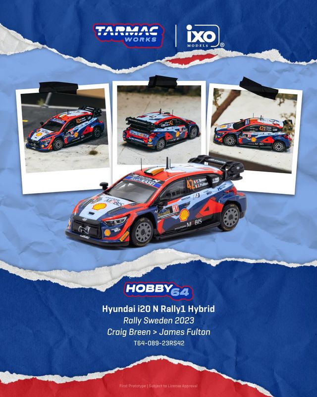 1:64 Tarmac - 2023 Hyundai I20N Rally 1 Hybrid #42 Craig Breen Rally Sweden