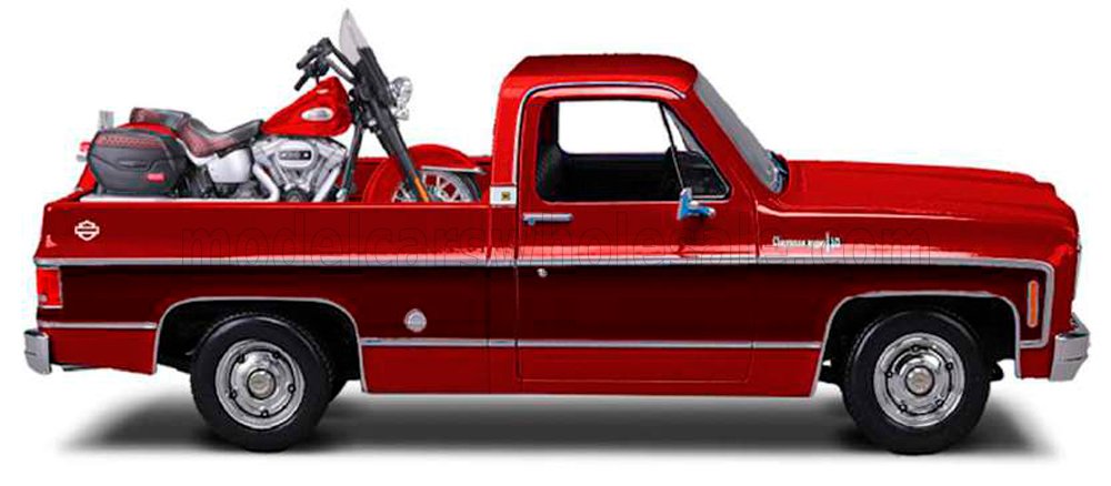 1:18 Maisto - 1974 Chevrolet C-10 Cheyenne Super Pick-Up + 2023 Harley-Davidson Heritage Classic Motorcycle Two-Tone Red