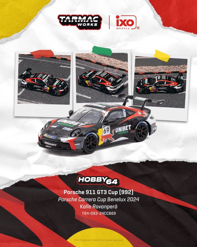 1:64 Tarmac - 2024 Porsche 911 GT3 Cup (992) #69 Kalle Rovanpera Porsche Carrera CUP Benelux 1:64 Tarmac - 2024 Porsche 911 GT3 Cup (992) #69 Kalle Rovanpera Porsche Carrera CUP Benelux