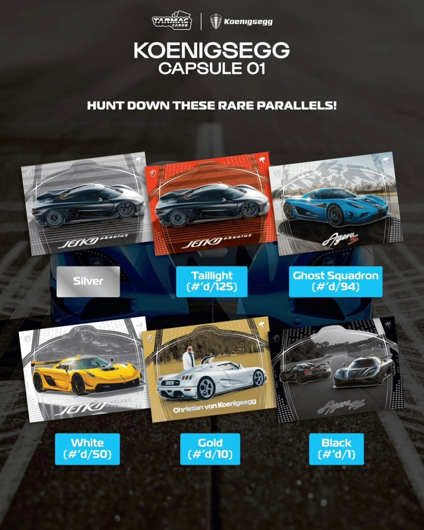 1:64 Tarmac Cards - Tarmac Cards Koenigsegg Capsule 01 *1 Pack with 4 Cards*