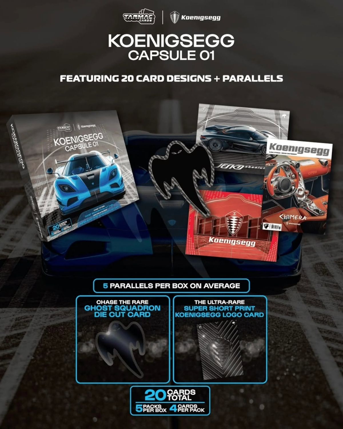 1:64 Tarmac Cards - Tarmac Cards Koenigsegg Capsule 01 *Box 5 Packs with 4 Cards*