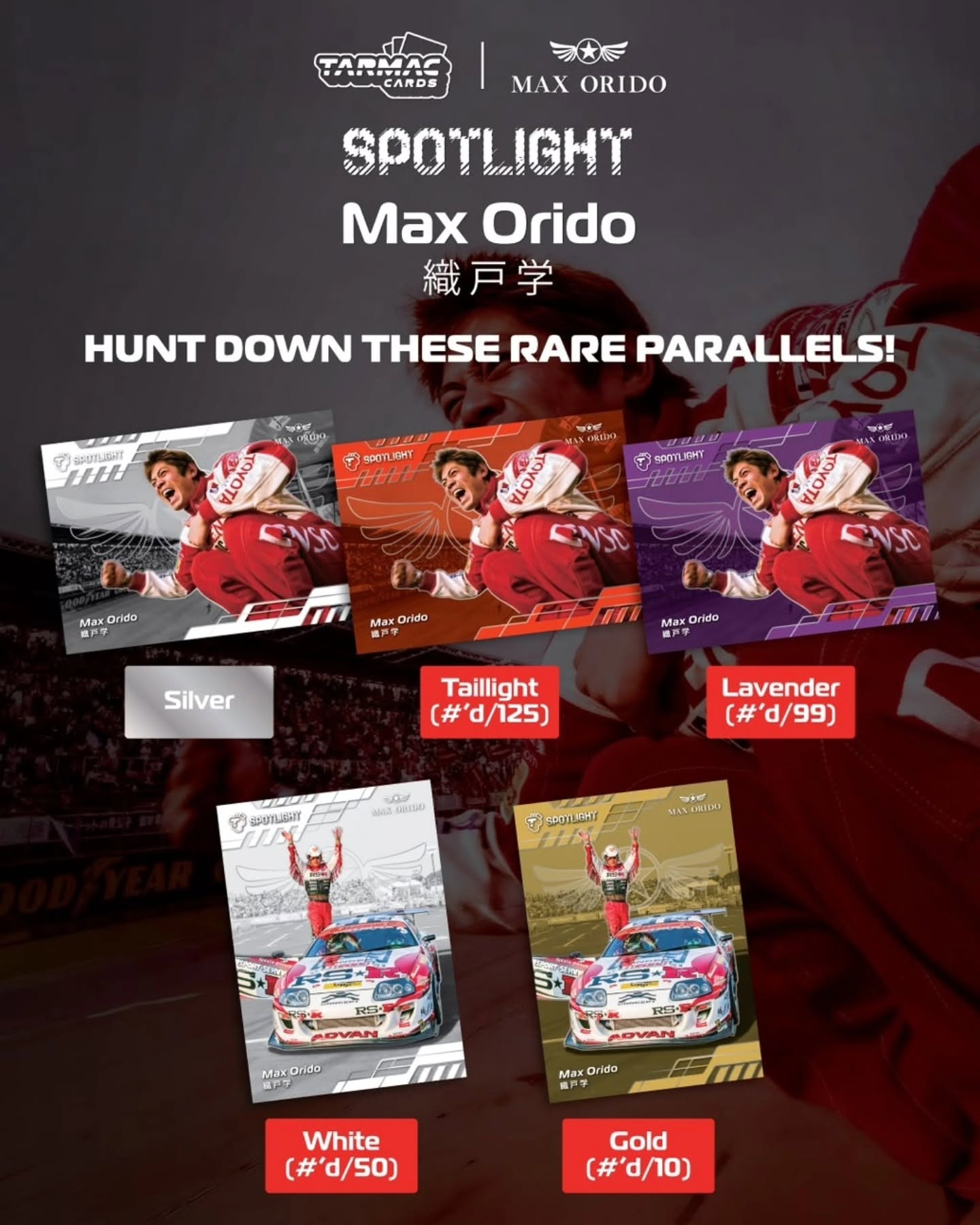 1:64 Tarmac Cards - Spotlight Max Orido *Box 10 Packs with 2 Cards*