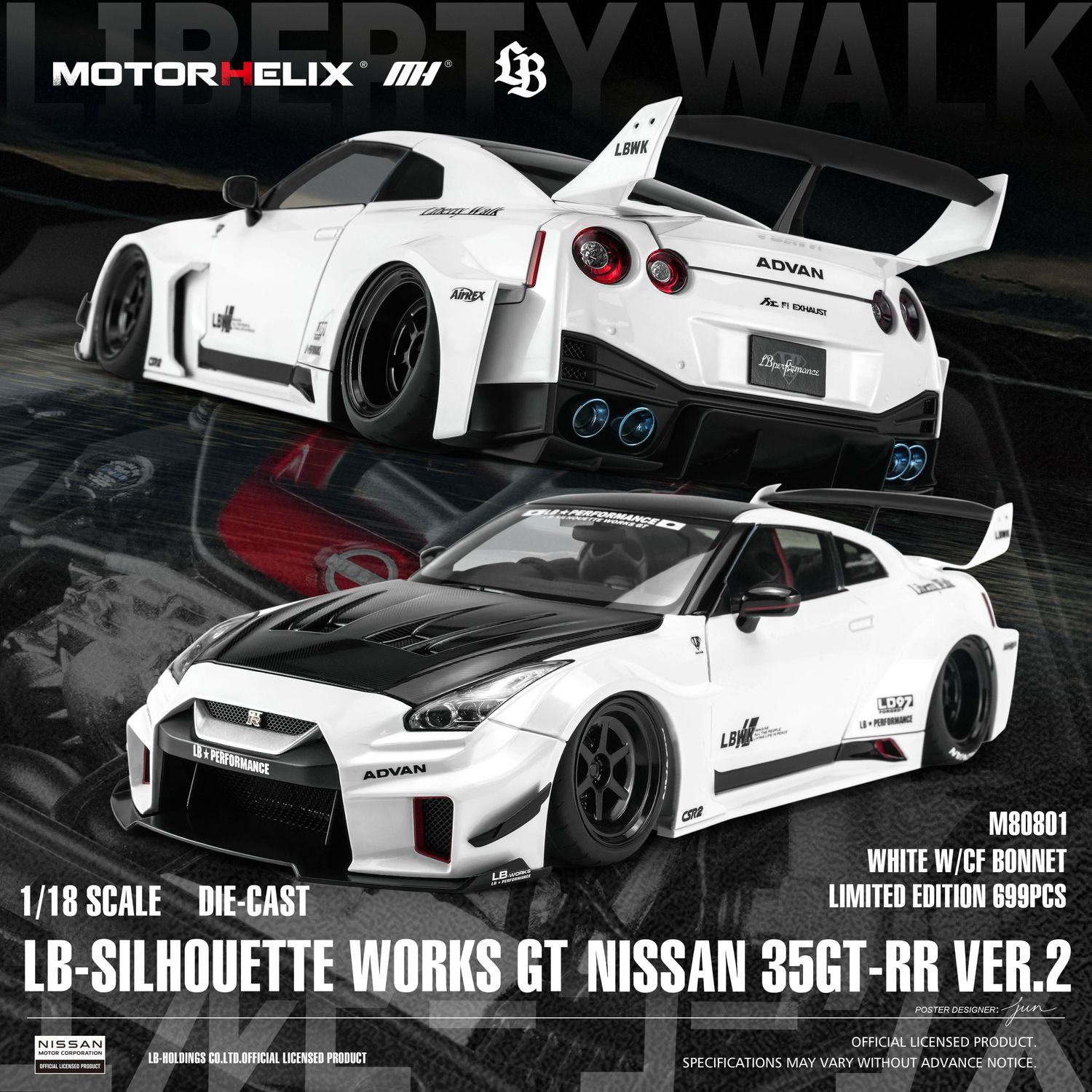 1:18 Motorhelix - 2020 Nissan GT-R (R35) LBWK Silhouette Works Racing White