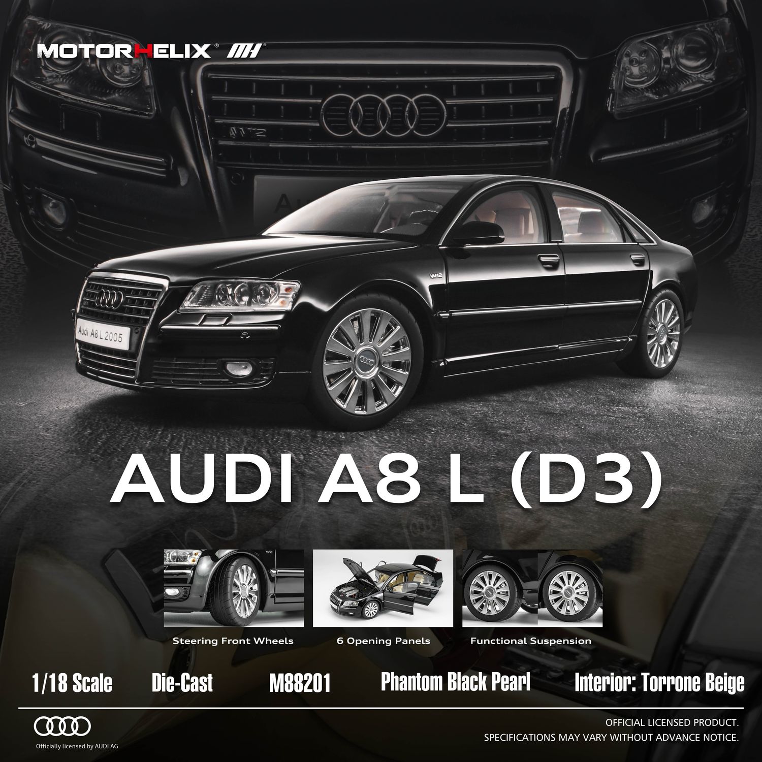 1:18 Motorhelix - 2005 Audi A8 L (D3) 6.0 W12 Quattro Black
