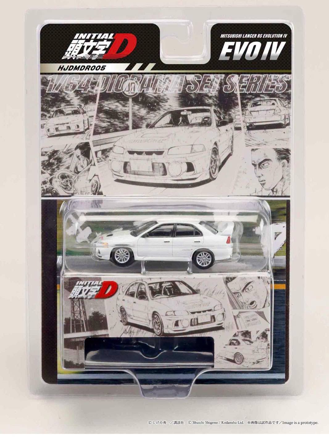 1:64 Hobby Japan - Mitsubishi Lancer RS Evolution IV Initial D Seiji Iwaki vs Takumi Fujiwara *Re-Release with a Special Collectible Card included*