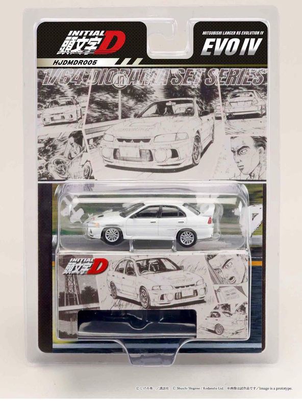 1:64 Hobby Japan - Mitsubishi Lancer RS Evolution IV Initial D Seiji Iwaki vs Takumi Fujiwara *Re-Release with a Special Collectible Card included*