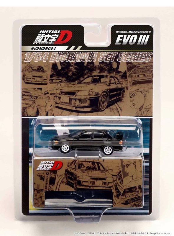 1:64 Hobby Japan - Mitsubishi Lancer RS Evolution III Initial D Kyoichi Sudo vs Ryosuke Takahashi *Re-Release with a Special Collectible Card included*