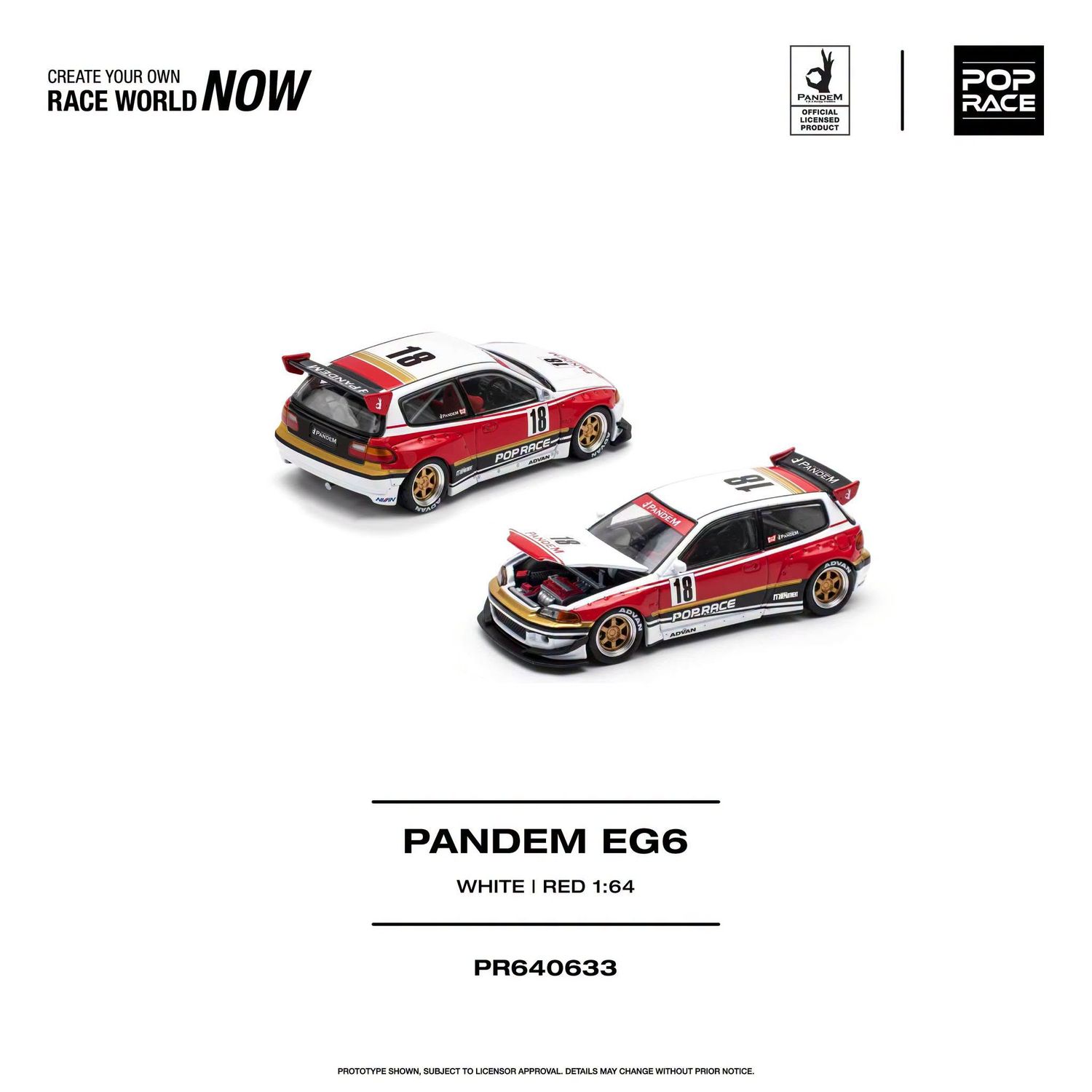 1:64 Pop Race Limited - Pandem Honda Civic EG6, white/red