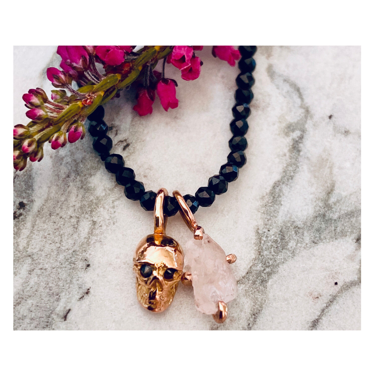 Mikayla Necklace with Vivre Skull and Rosequartz