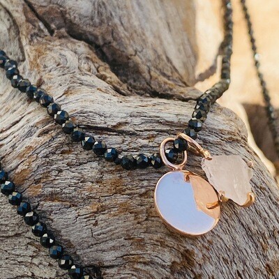 Mikayla Necklace with Disc and Raw Rose Quartz