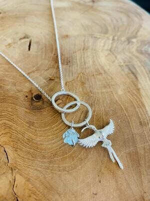 Eve Necklace with Sunbird in Flight and Raw Aquamarine - Silver