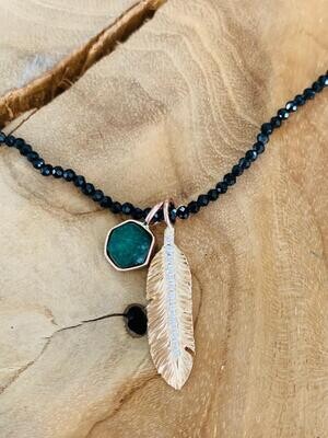 Mikayla Necklace with Raw Emerald Slice and Diamond Feather