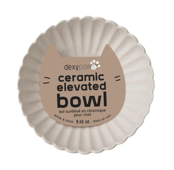 Dexypaws Raised Ceramic Cat Bowl, White With Black Flower Cat 8.7oz 1pc