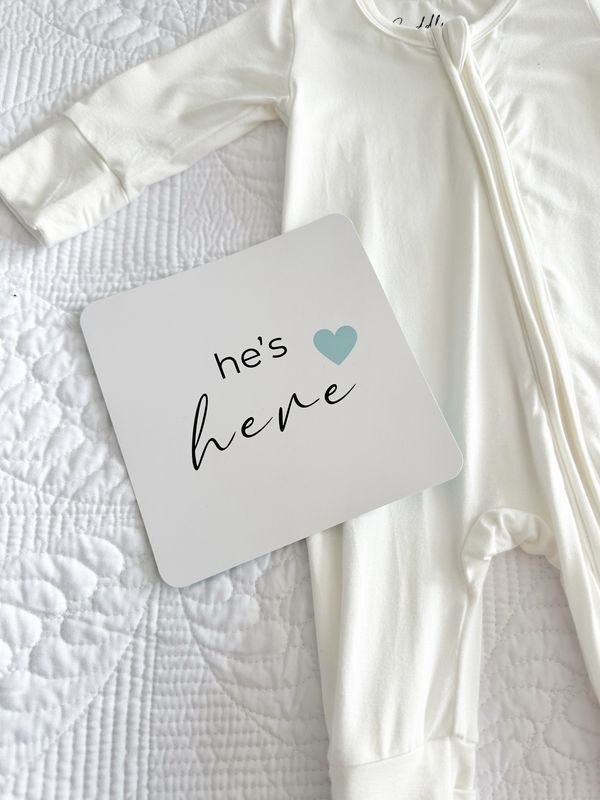 Birth Announcement Card in "he's here/ Hello World" Blue