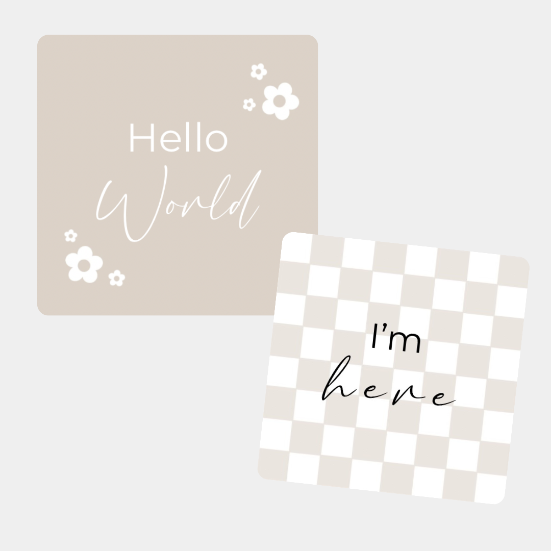Birth Announcement Card in Beige Checkers & Beige Flowers