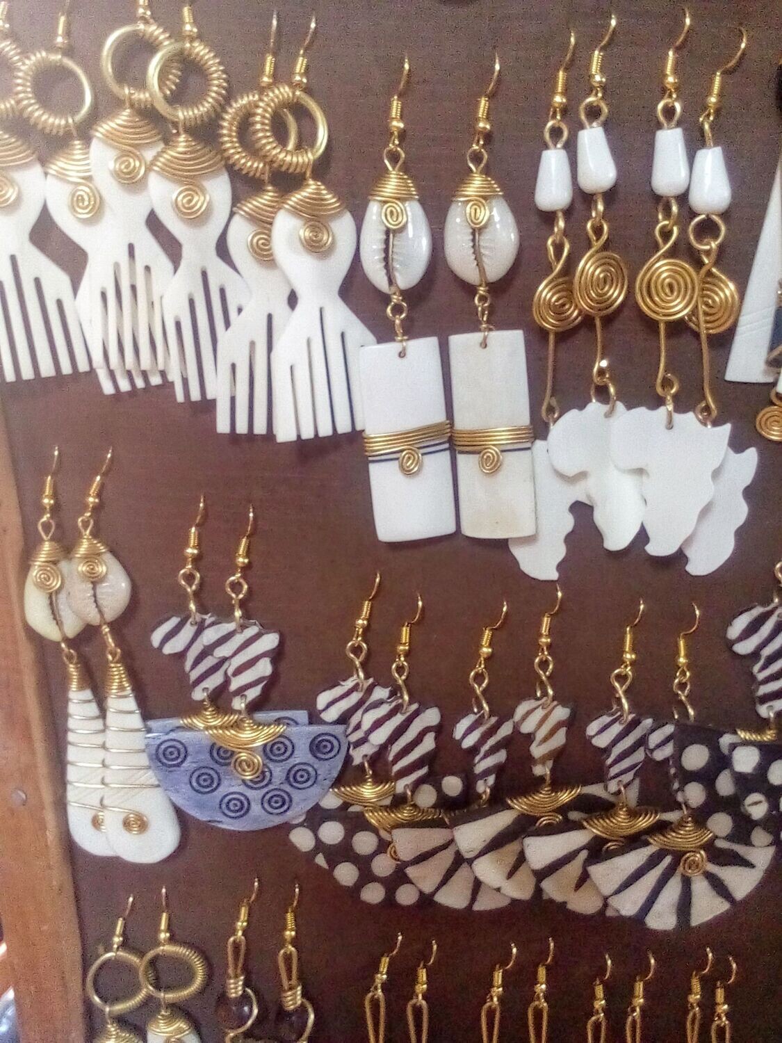 Wholesale Earrings - African Cloth, Cowrie Shell, Brass, Bone, Wood