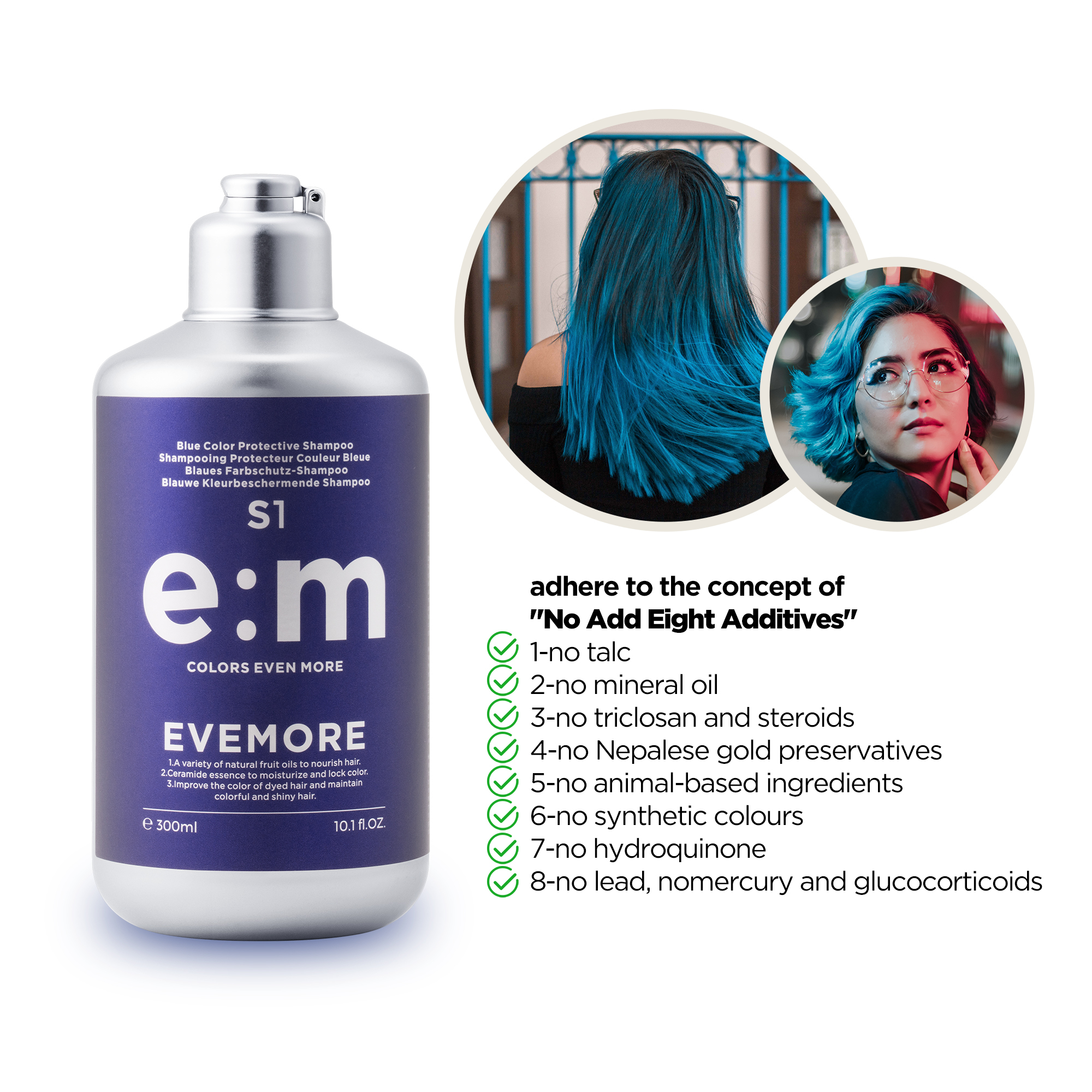 EVEMORE Hair Color Depositing - Semi-Permanent - Haircoloring Shampoo -  Hair Colour Toner - 300ml - Blue