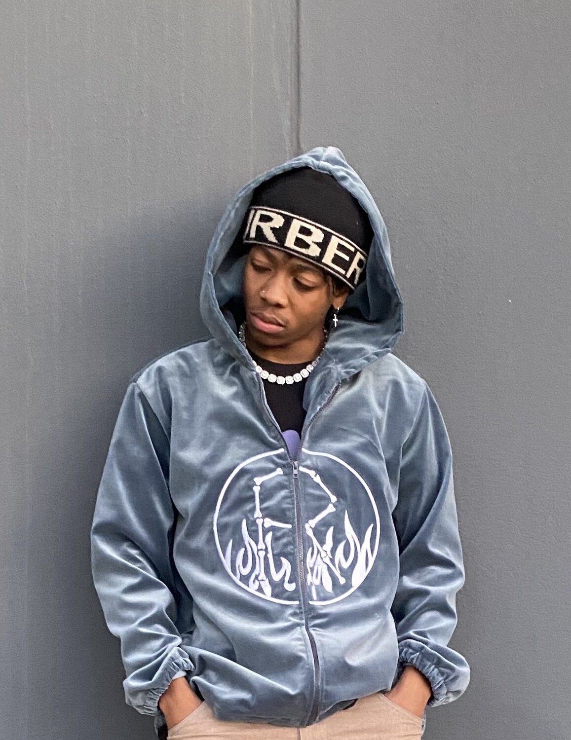 Sky blue velvet logo hoodie