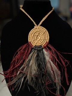 Woven Raffia Necklace - Emu Feathers