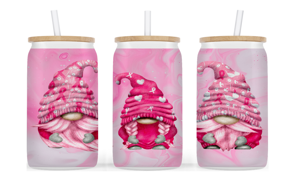 VERRE GIVRÉ ROSE 16oz frosted glass (3 gnomes sur 1 verre) (image en continu)