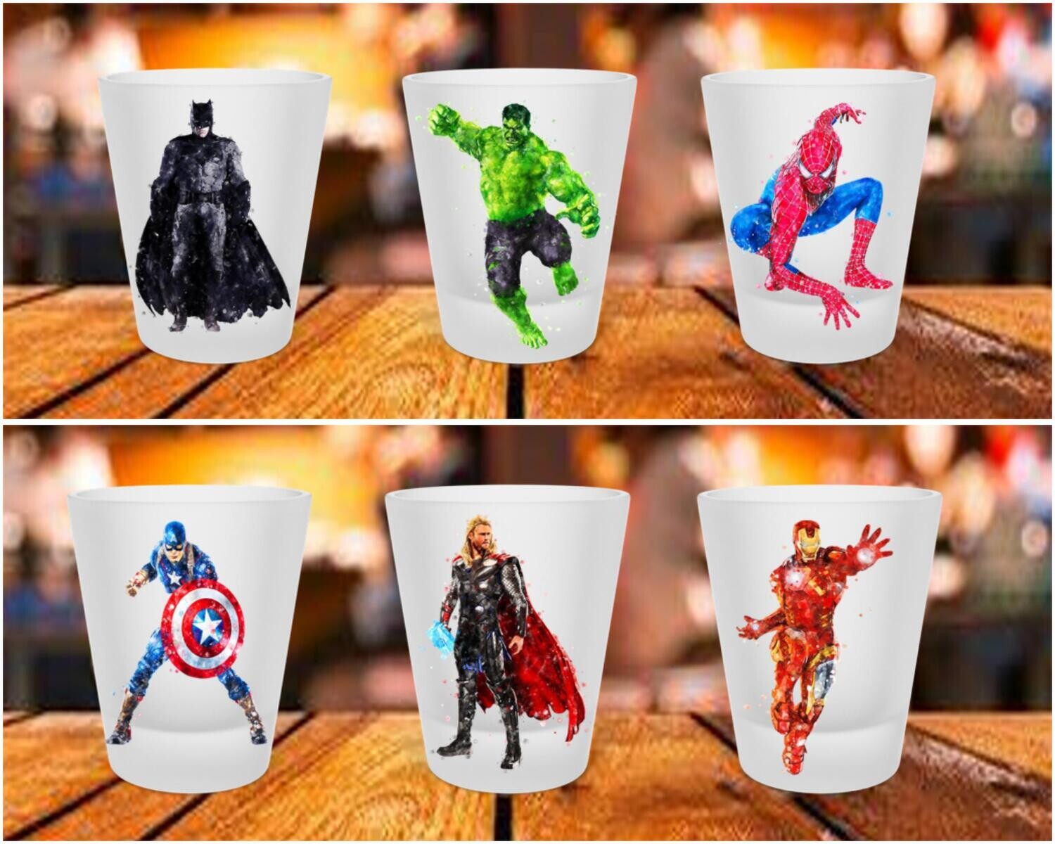 COLLECTION SHOOTER 1,5oz (ensemble de 4 ou de 6 shooters) SUPER HÉROS