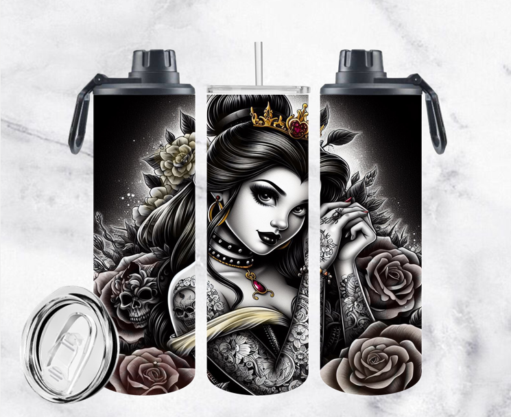 COLLECTION PRINCESSES TATOUÉES 20oz   (2 COUVERCLES, UN ANTI-FUITE ET UN COULISSABLE)