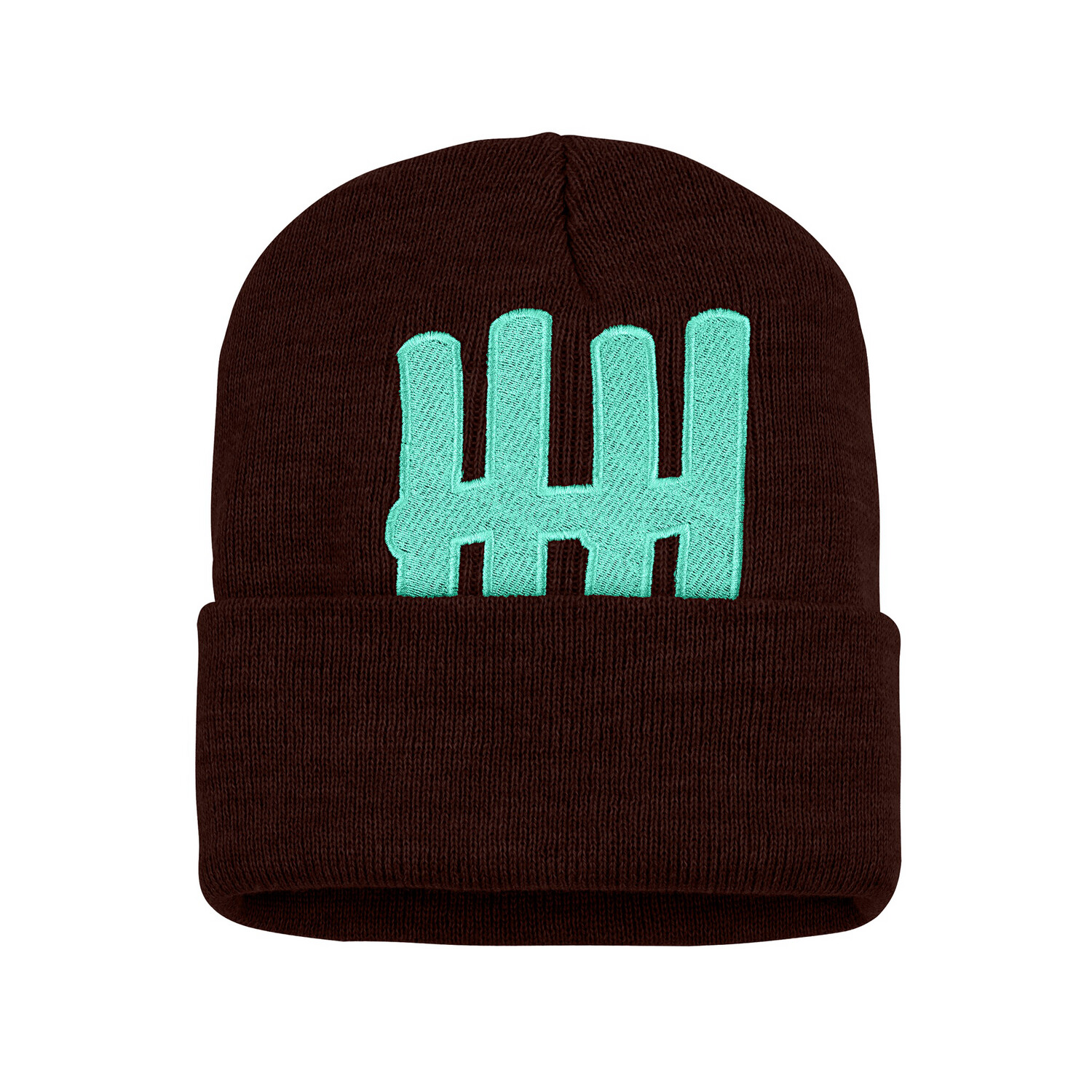 Embroidered Beanie (Brown/Neon Turquoise)