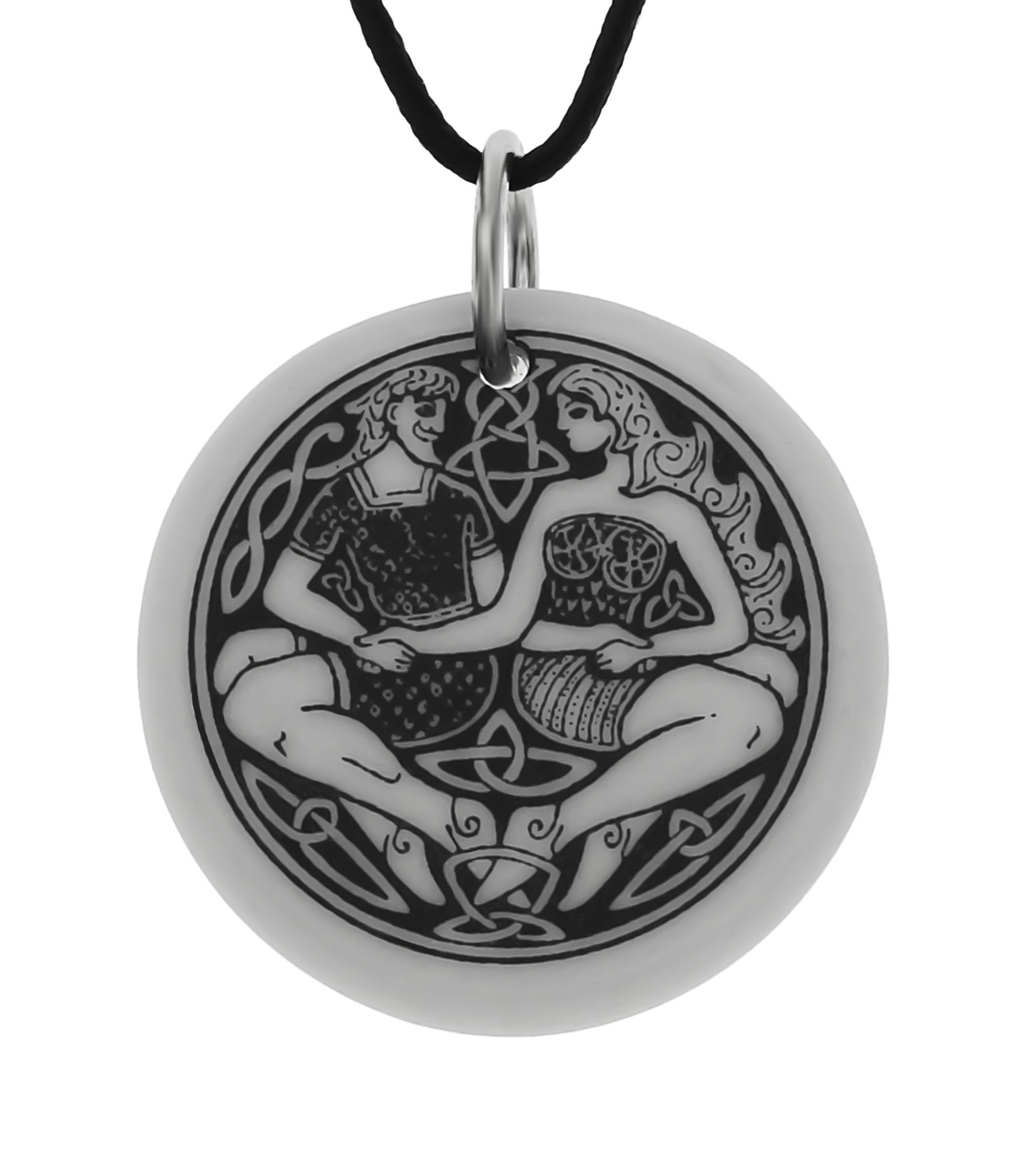 Celtic Divine Couples Round Handmade Porcelain Pendant