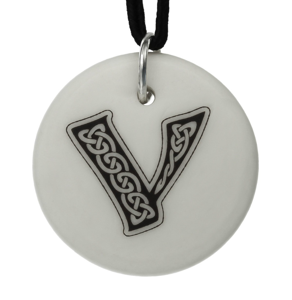Celtic Initial Letter &#39;V&#39; Handmade Porcelain Pendant