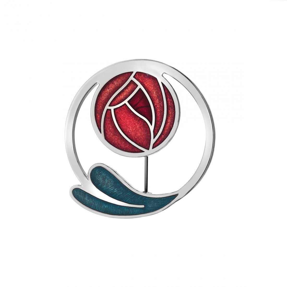 Enamel Rhodium Plated Celtic Mackintosh Red Rose and Leaves Brooch