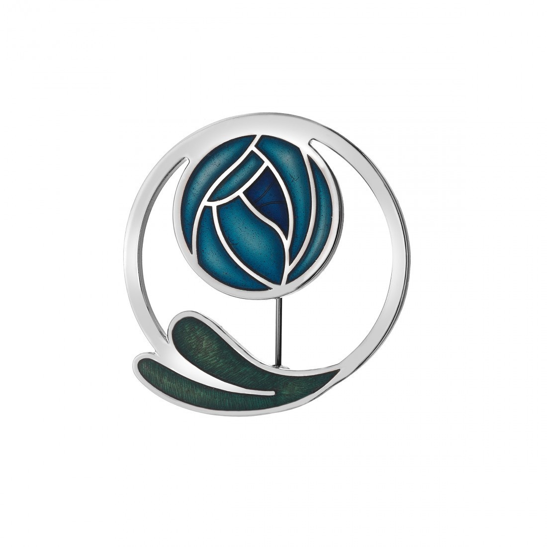 Enamel Rhodium Plated Celtic Mackintosh Turquoise Rose and Leaves Brooch
