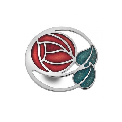 Enamel Rhodium Plated Celtic Mackintosh Red Rose and Coil Brooch