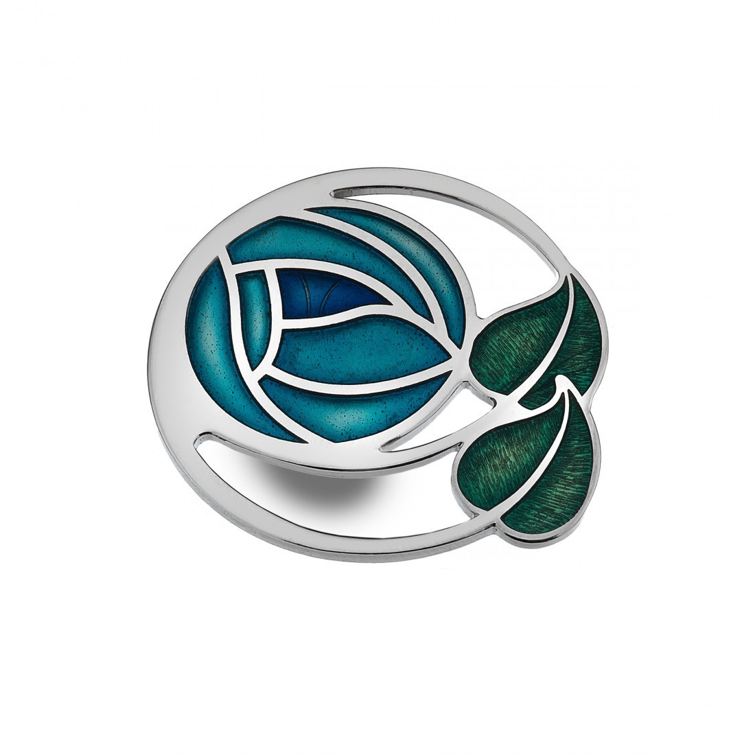 Enamel Rhodium Plated Celtic Mackintosh Turquoise Rose and Leaves Brooch
