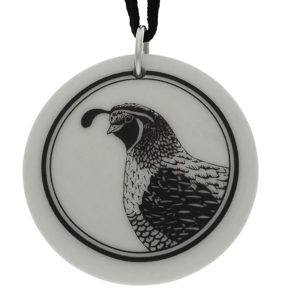 Gambel&#39;s Quail Totem Round Handmade Porcelain Pendant