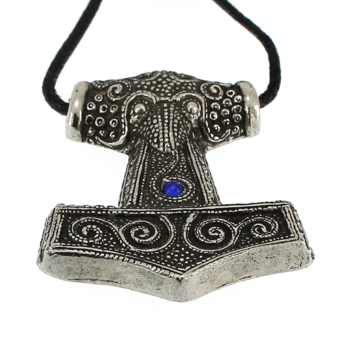 Viking Skane Thor Hammer Pewter Pendant with Blue Glass