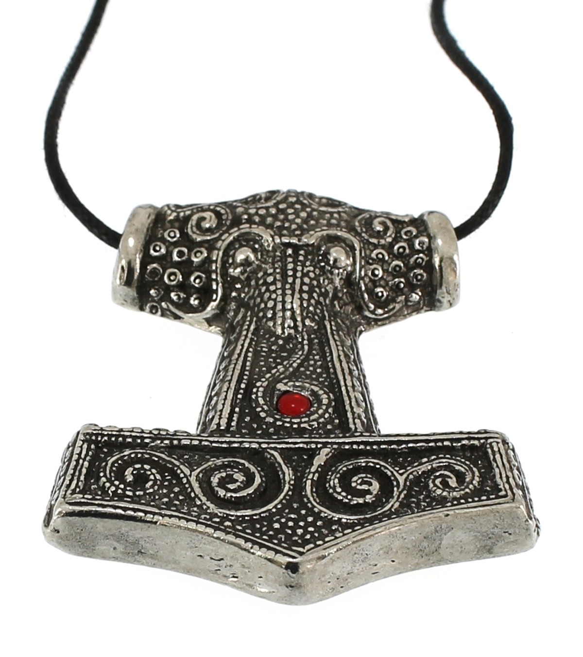 Viking Skane Thor Hammer Pewter Pendant with Red Glass