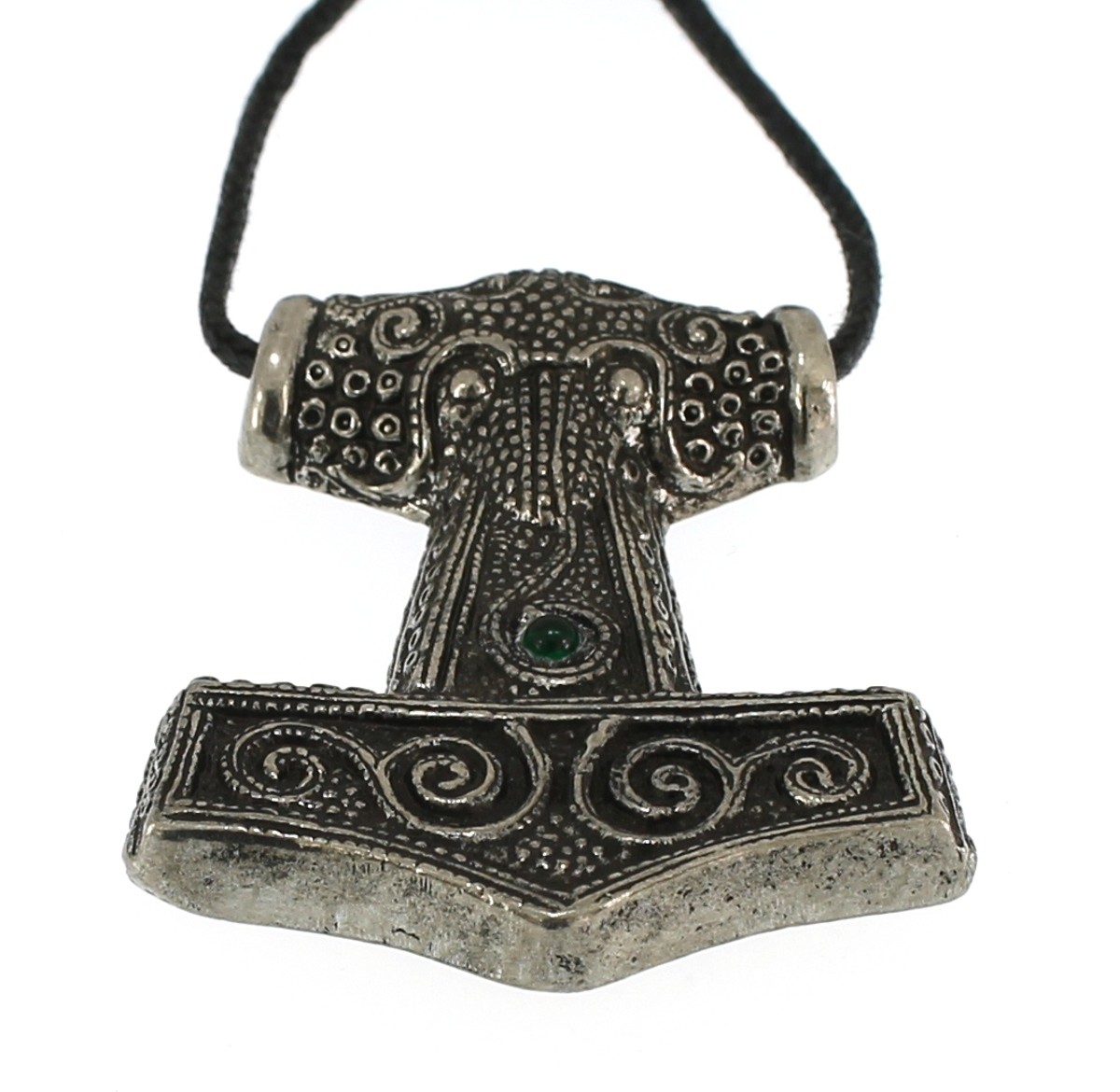 Viking Skane Thor Hammer Pewter Pendant with Green Glass