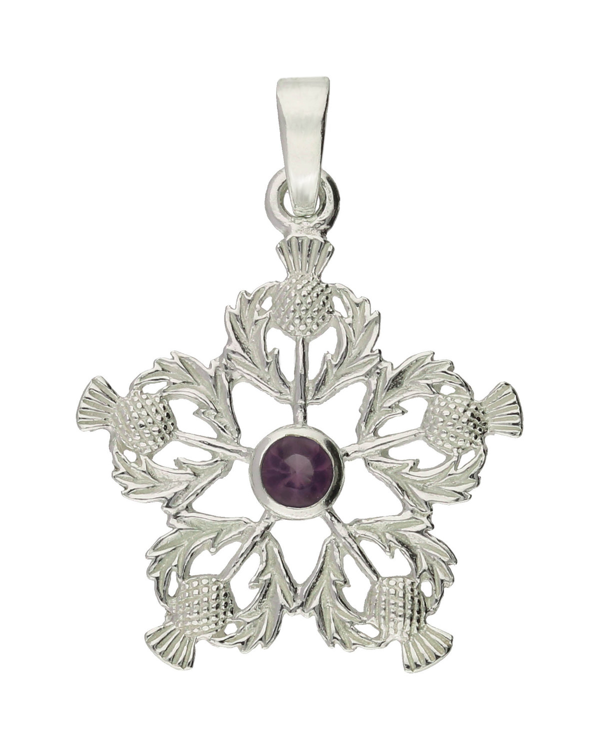 925 Sterling Silver Five Thistle Flower Design Pendant with Amethyst Stone and Sterling Silver Chain