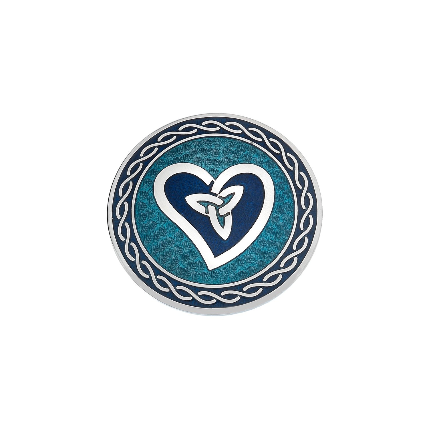 Enamel Rhodium Plated Celtic Wave Heart with Trinity Knot Blue Brooch