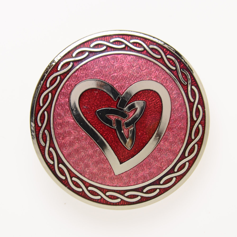 Enamel Rhodium Plated Celtic Wave Heart with Trinity Knot Red Brooch