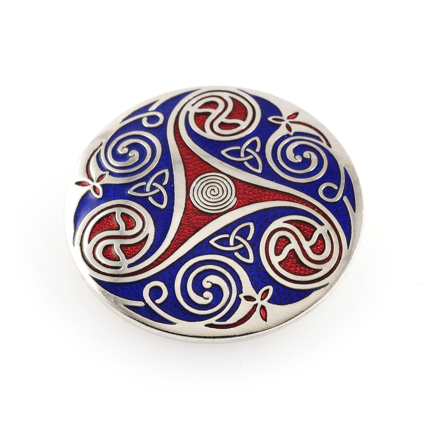 Enamel Rhodium Plated Celtic Triskele Red and Blue Brooch