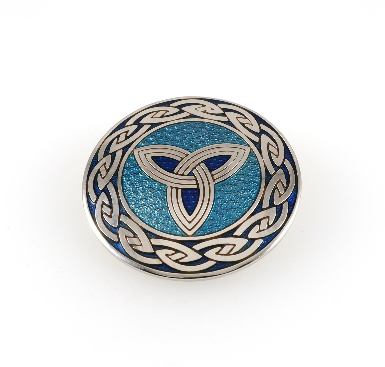 Enamel Rhodium Plated Celtic Triple Trinity Knot Blue Brooch