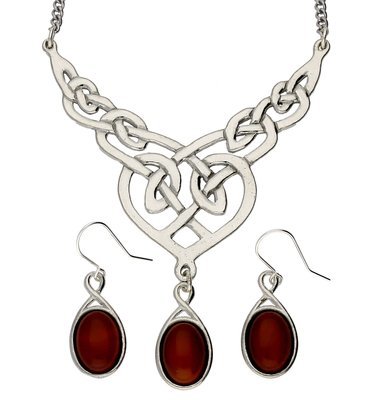 Celtic Love Knotwork Carnelian Gemstone Handmade Pewter Drop Necklace Set