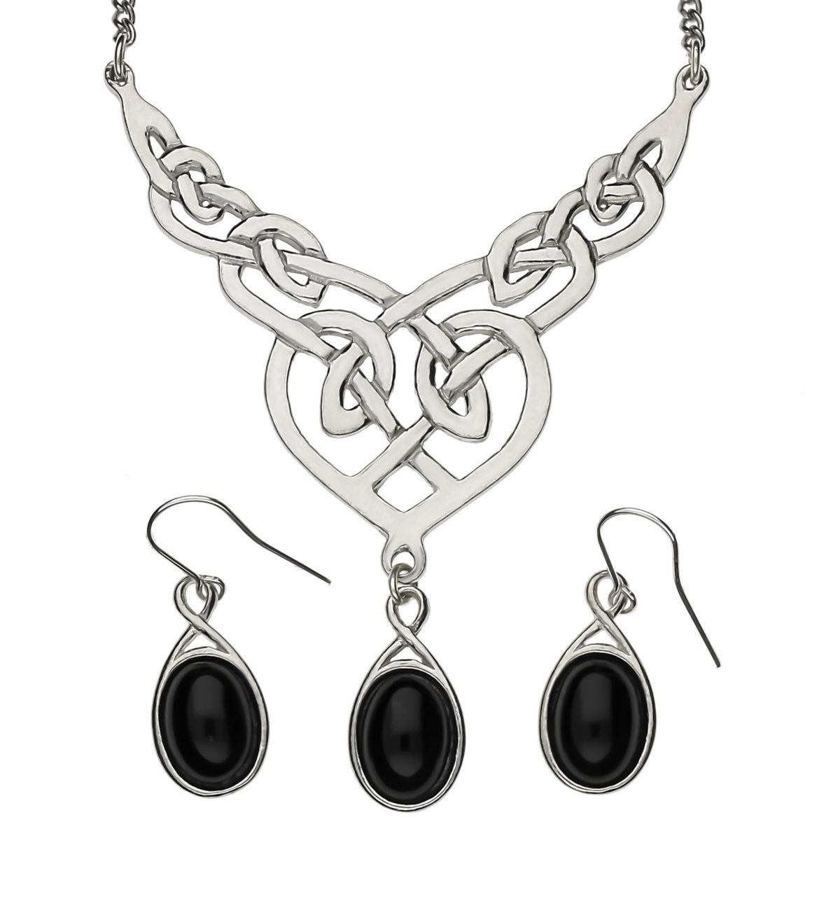 Celtic Love Knotwork Black Onyx Gemstone Handmade Pewter Drop Necklace Set