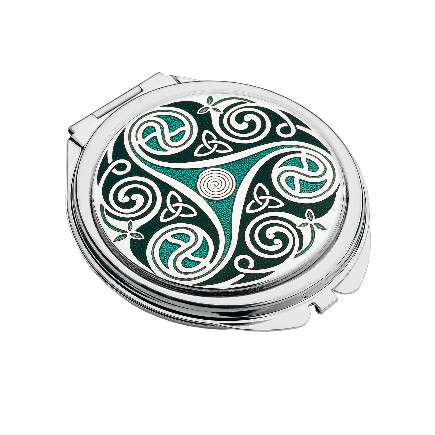 Enamel Rhodium Plated Celtic Triskele Green Double-Shade Travel Makeup Mirror