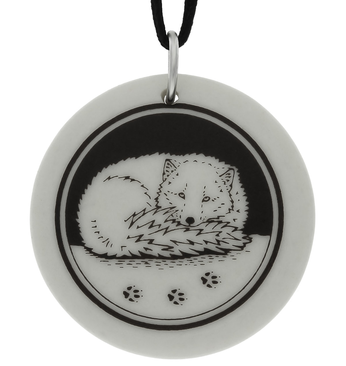 Arctic / Snow Fox Totem Round Handmade Porcelain Pendant