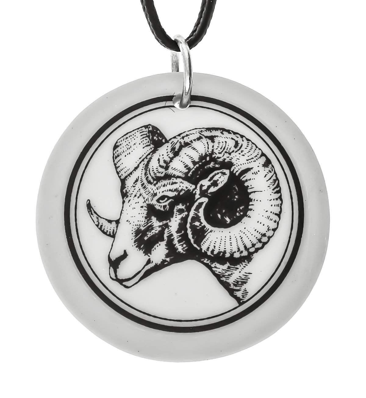 Bighorn Sheep RAM Totem Round Handmade Porcelain Pendant
