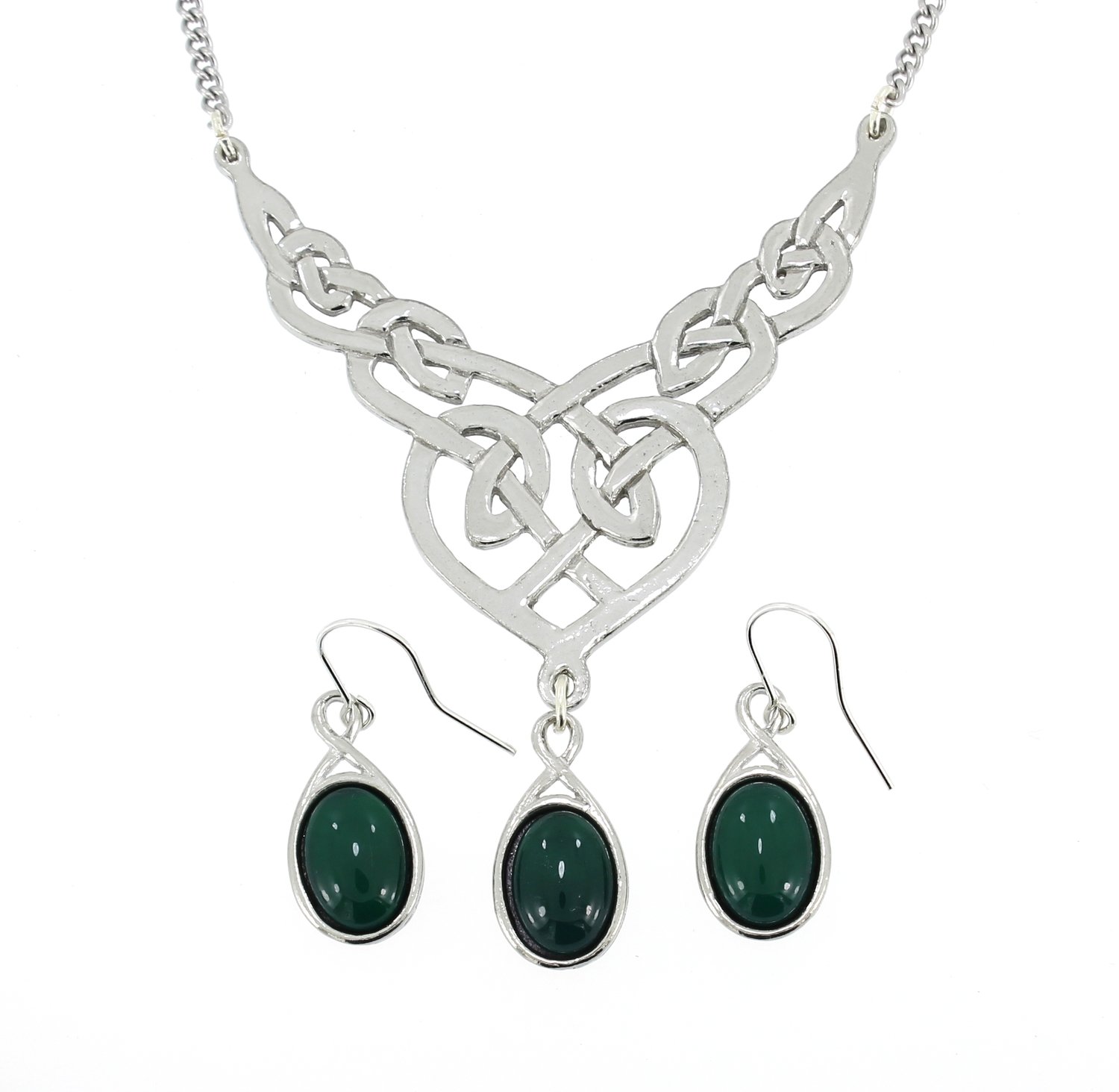 Celtic Love Knotwork Green Onyx Gemstone Handmade Pewter Drop Necklace Set