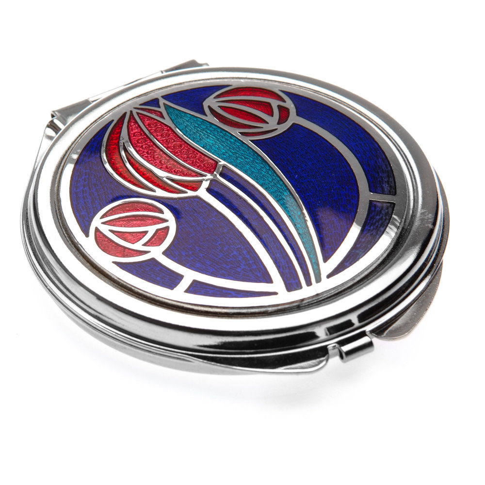 Enamel Rhodium Plated Celtic Mackintosh Rose and Tulip Travel Makeup Mirror