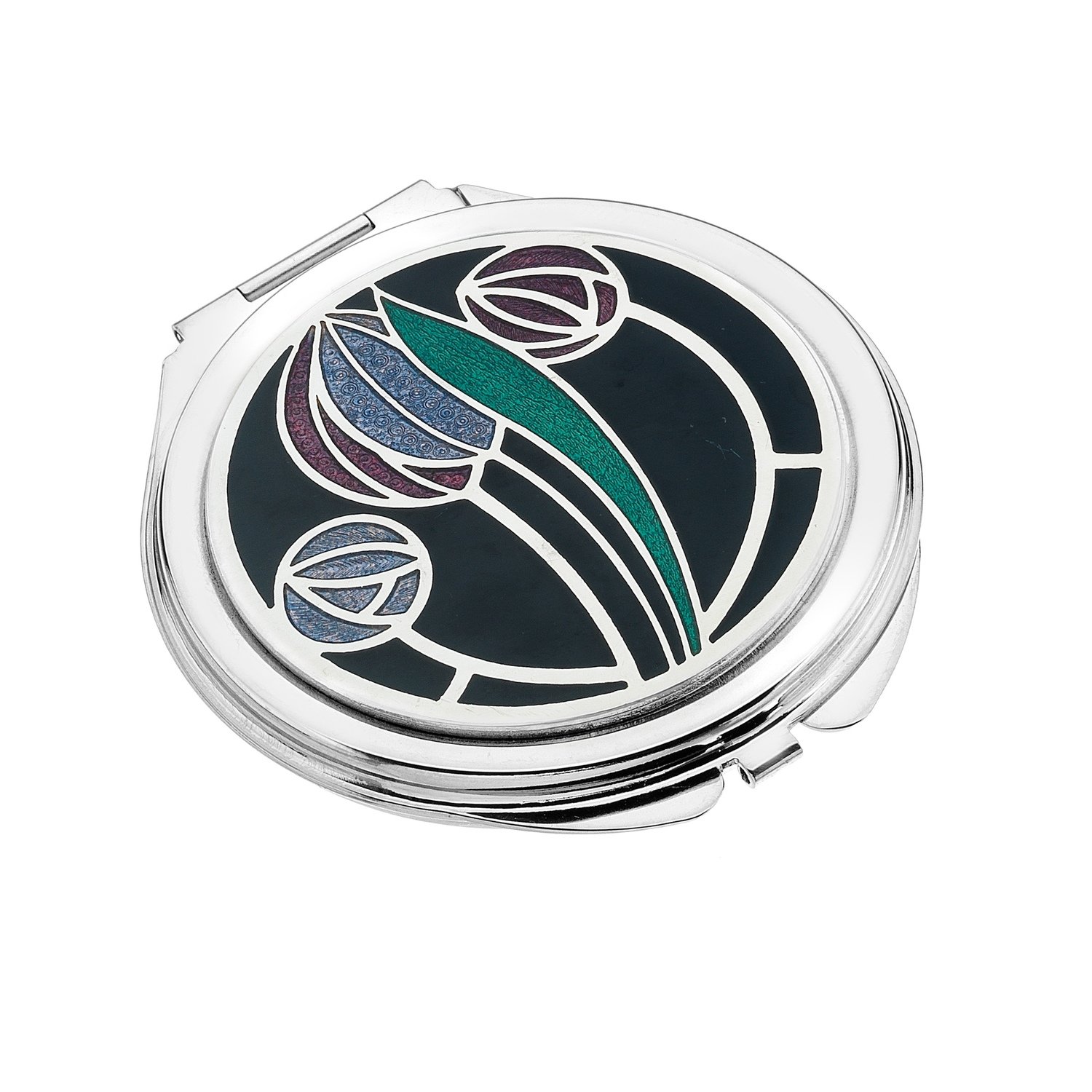 Enamel Rhodium Plated Celtic Mackintosh Rose and Tulip Travel Makeup Mirror #2